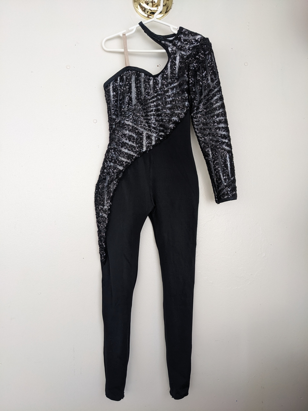 Black One-Shoulder Sequin Full Body Leotard with Asymmetrical Design. Kids Large